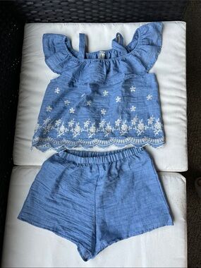 Girls Blue Embroidered Ruffle Neck Matching Set